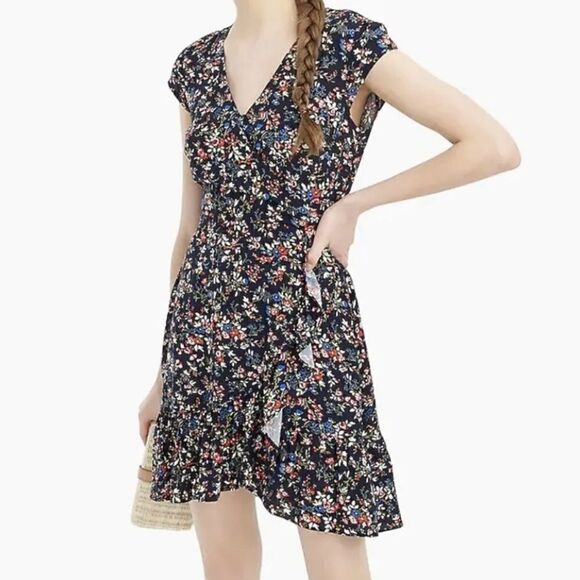 J. Crew Cottage Core Blue Wrap Ruffle Mini Dress V Neck Casual Elegant Sz 4 - Picture 1 of 9